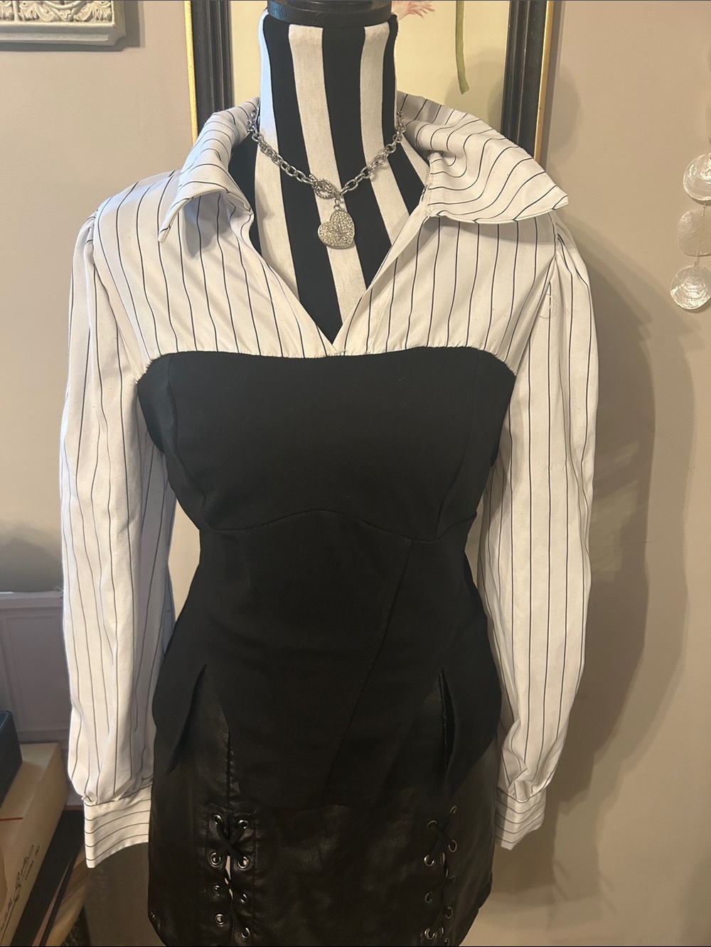 SHEIN Black Bustier Contrast Pinstripe Shirt